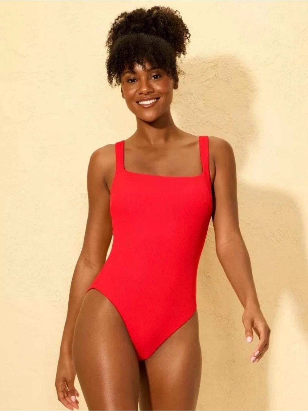 NWT Red ribbed square neck one piece swimsuit Size L Shade and Shore Padded